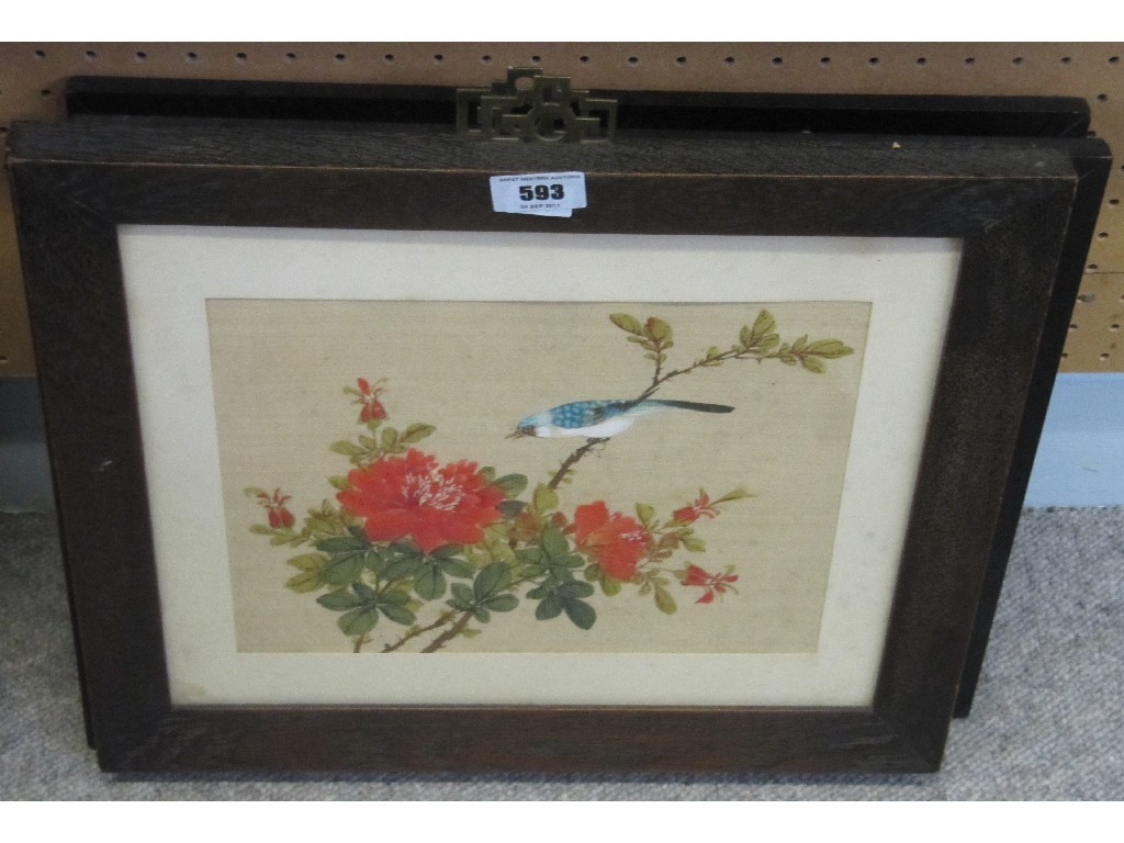 Appraisal: Lot comprising two Oriental watercolours on silk and two etchings