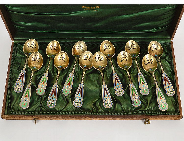 Appraisal: SET OF TWELVE RUSSIAN SILVER GILT ENAMELED TEA SPOONSCirca Each