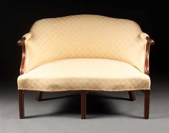 Appraisal: Chippendale style carved mahogany upholstered loveseat th century in H