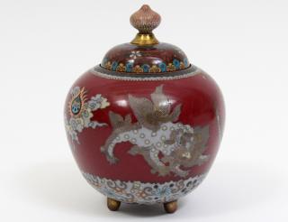 Appraisal: CLOISONNE ENAMEL JAR AND COVER Japanese th Century Of globular