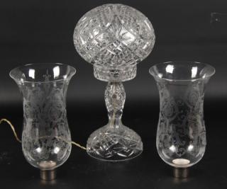 Appraisal: PIECE LOT OF CUT GLASS LAMP AND PAIR OF SHADES