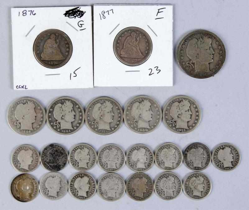 Appraisal: Lot of Type Coins Description Includes five Barber Quarters two