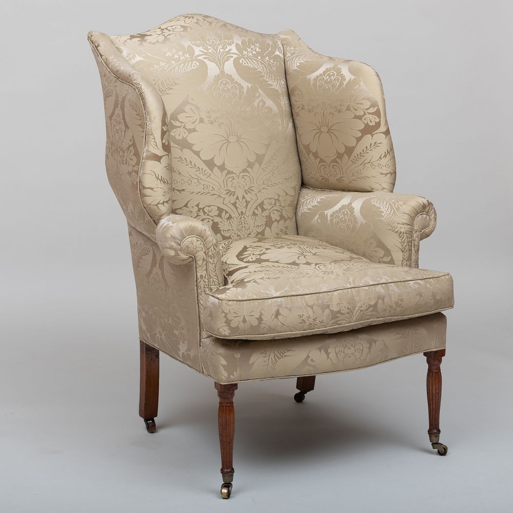 Appraisal: Federal Carved Mahogany Wing Chair Upholstered in silk damask fabric