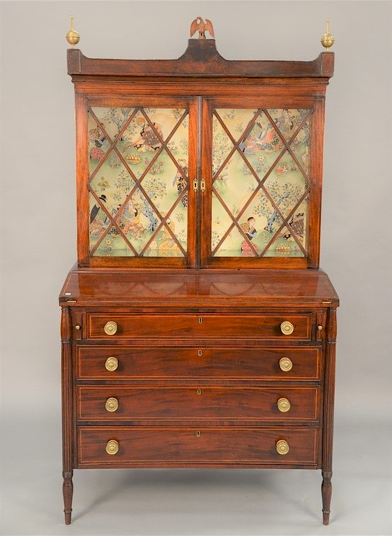 Appraisal: Sheraton mahogany secretary desk in two parts with line inlays