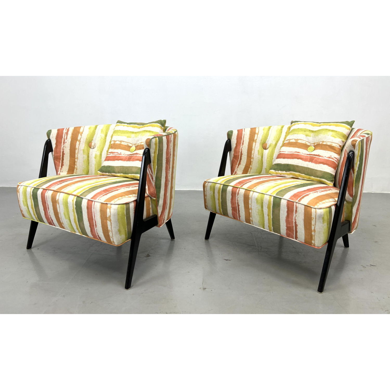 Appraisal: Pr Ebonized Frame Modernist Lounge Chairs Stylish Frames with Vivid