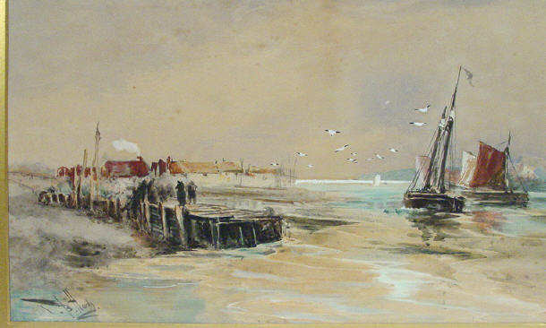 Appraisal: TB Hardy - Watercolour of boats leaving a harbour quay