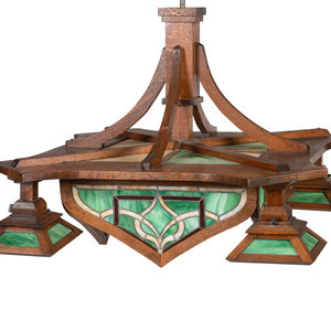 Appraisal: An Oak and Stained Glass Arts and Crafts Hanging Lamp