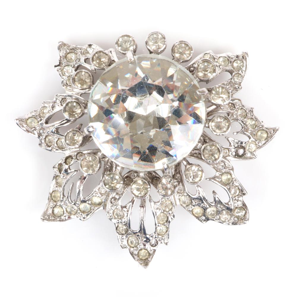 Appraisal: EISENBERG ORIGINAL STERLING FLORAL BROOCH WITH LARGE CENTRAL RHINESTONE SURROUNDED