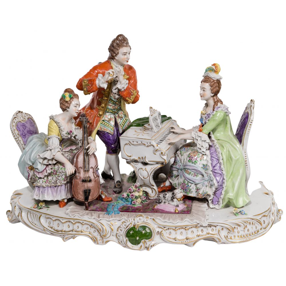 Appraisal: SITZENDORF DRESDEN PORCELAIN FIGURAL GROUPINGRococo-themed depicting musicians including seated female