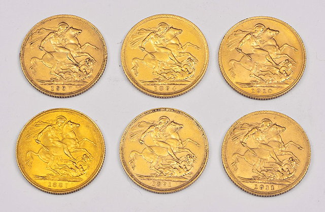 Appraisal: A COLLECTION OF SIX GOLD SOVEREIGNS dated and