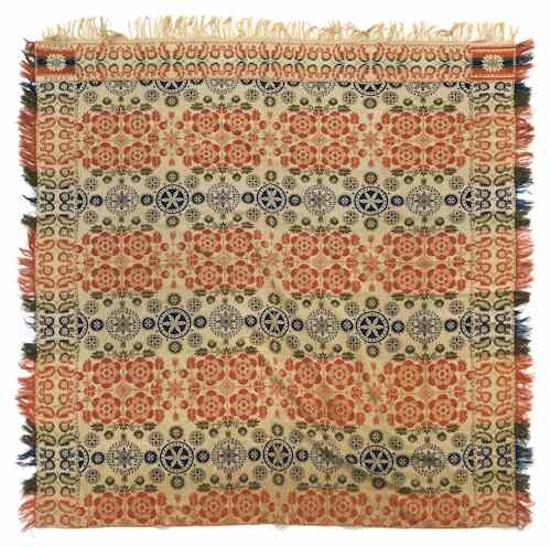 Appraisal: Red blue and green jacquard coverlet ca inscribed Lydia Fleagle