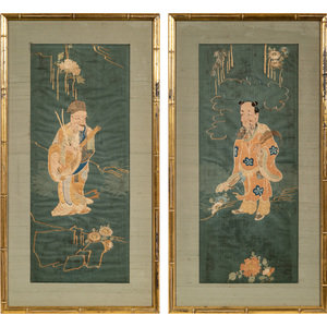 Appraisal: Two Chinese Blue Ground Embroidered Silk Panels TH CENTURY each