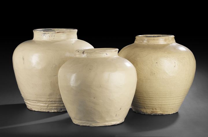 Appraisal: Group of Three Provincial Buff Terra Cotta Storage Vessels all