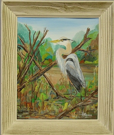 Appraisal: - Oil on artist board painting of a blue heron