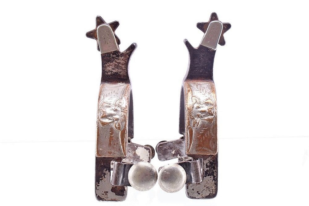 Appraisal: Kelly Bros Parker Silver Overlay Spurs c - Featured in