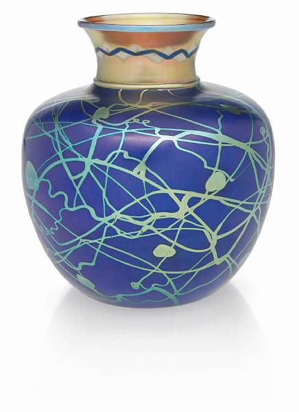 Appraisal: A Steuben blue Aurene glass vase with gold leaf and