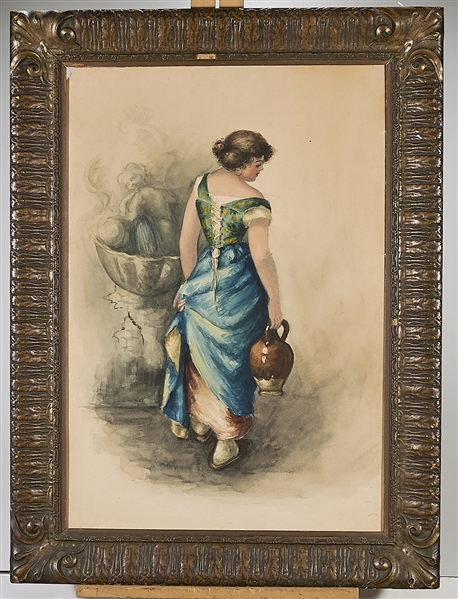 Appraisal: Vintage framed watercolor of a woman with water jug by