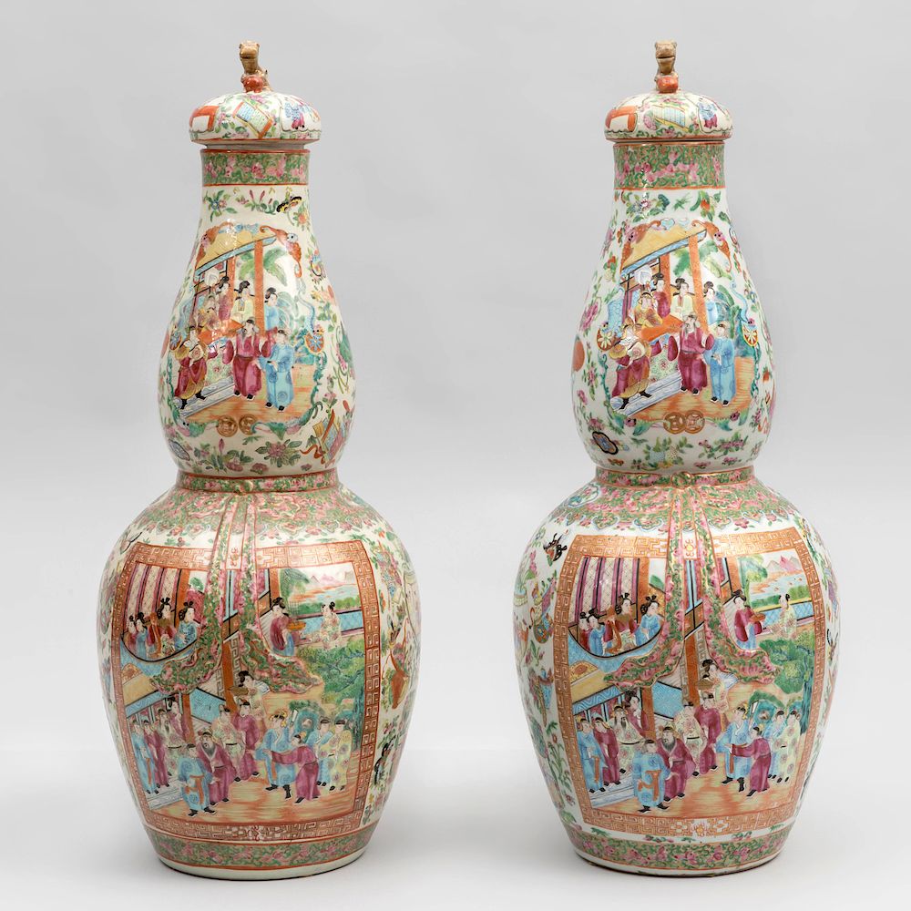 Appraisal: Pair of Canton Rose Medallion Porcelain Double Gourd Vases and