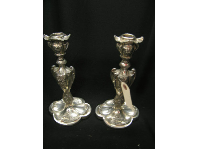 Appraisal: Pair of Pairpoint Silverplate Candlesticks Art Nouveau floral circa