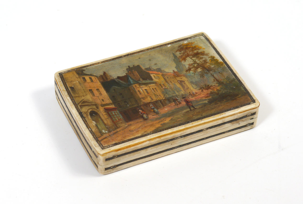 Appraisal: HAND PAINTED IVORY BOX Hand painted with European town scene