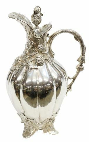 Appraisal: Turkish silver wine ewer Melda th c hinged lid scrolled