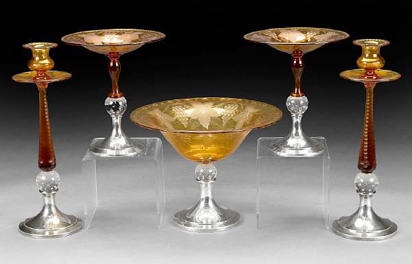 Appraisal: A suite of sterling mounted amber glass th century Comprising