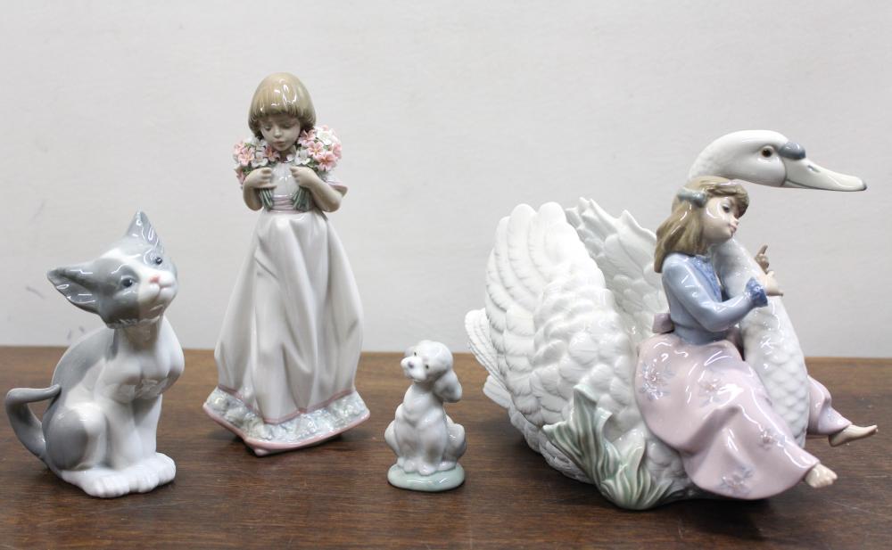 Appraisal: FOUR LLADRO PORCELAIN FIGURINES Swan Song Spring Bouquet Feed Me