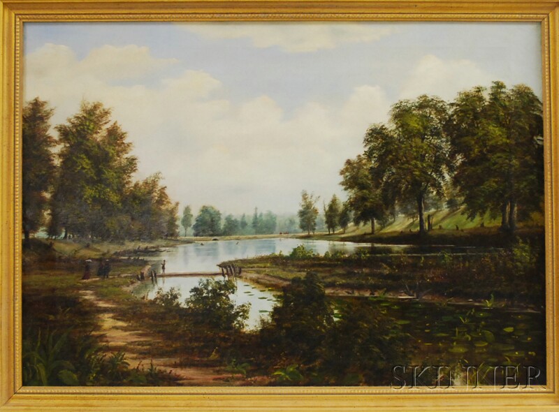 Appraisal: American School th Century River Landscape with Strolling Figures Unsigned