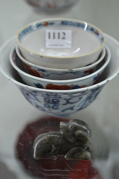 Appraisal: CHINESE BLUE AND WHITE RICEBOWL AND THREE JAPANESE SAKE CUPS