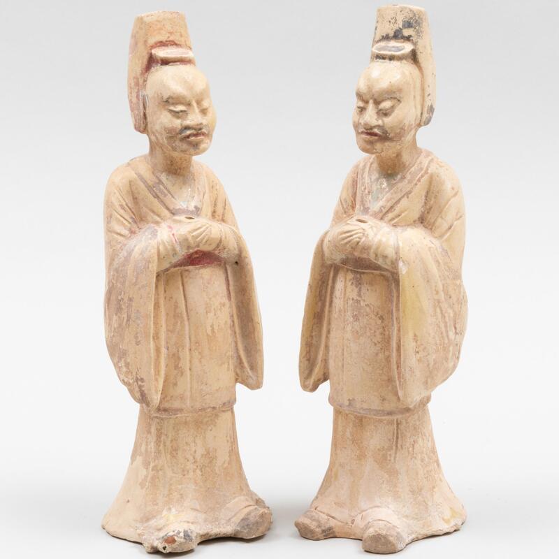 Appraisal: Pair of Chinese Straw Glazed Pottery Figures of Standing Officials