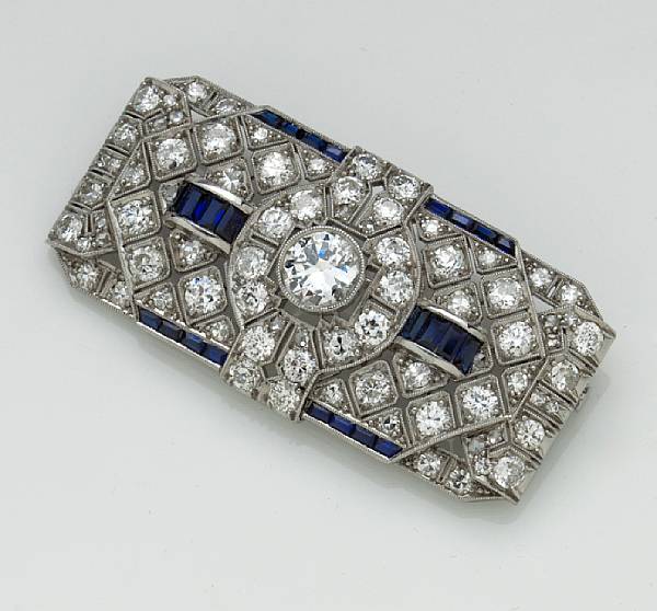 Appraisal: An art deco diamond and sapphire brooch estimated total diamond