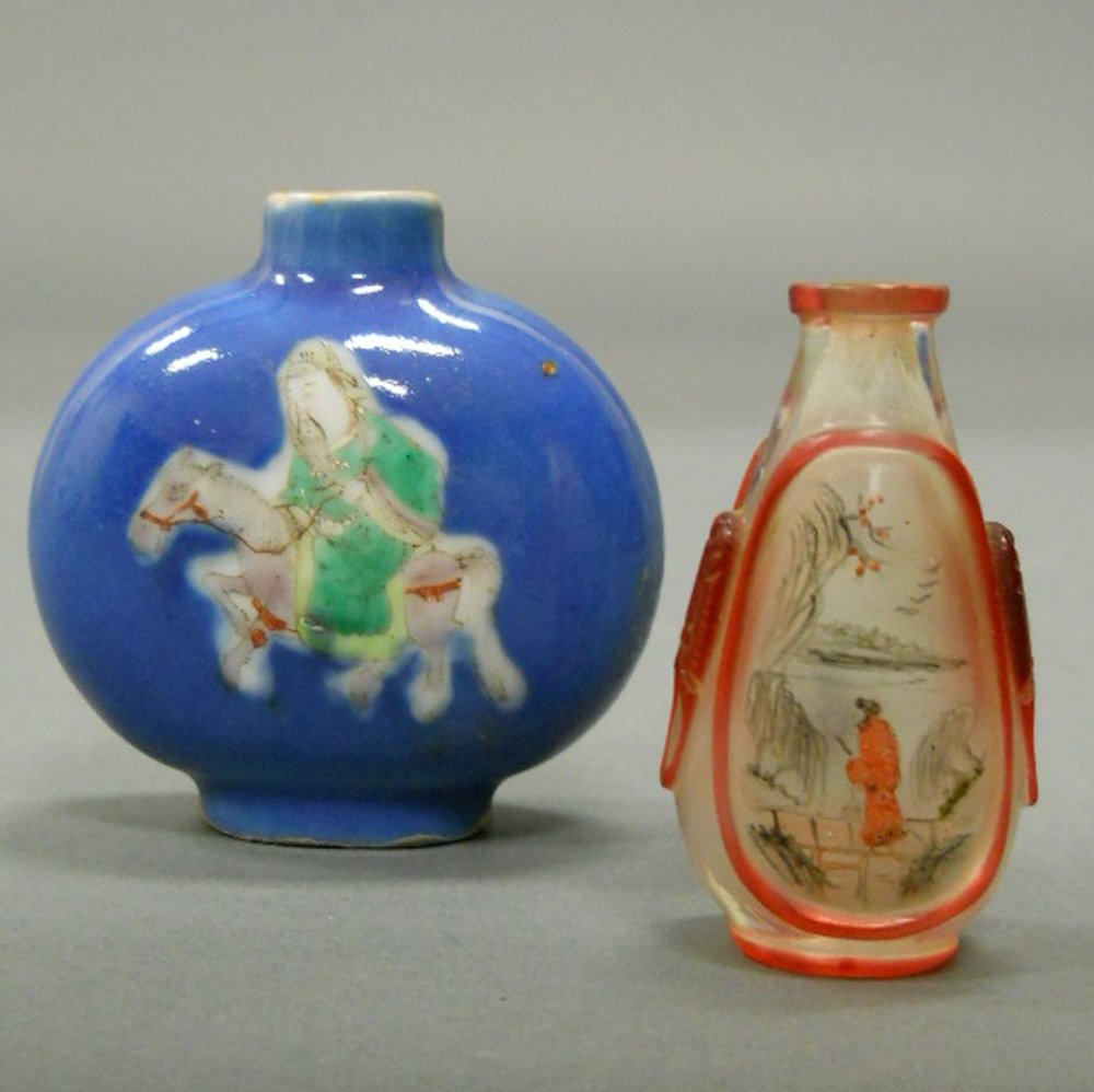 Appraisal: Two Snuff Bottles China a pear-shape interior-painted bottle depicting scholars