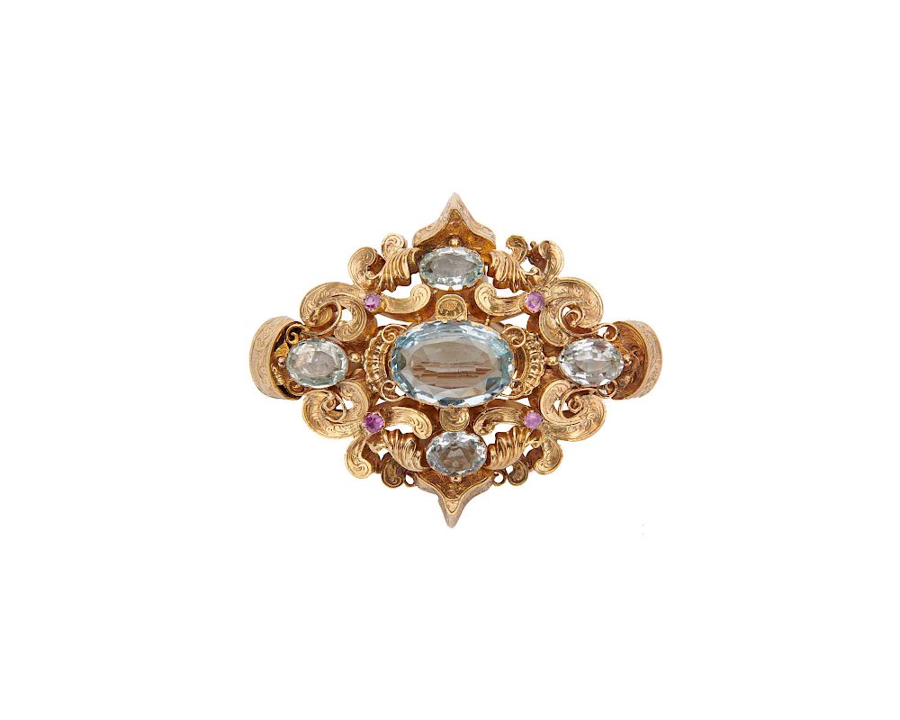 Appraisal: K Gold Aquamarine and Sapphire Brooch K Gold Aquamarine and