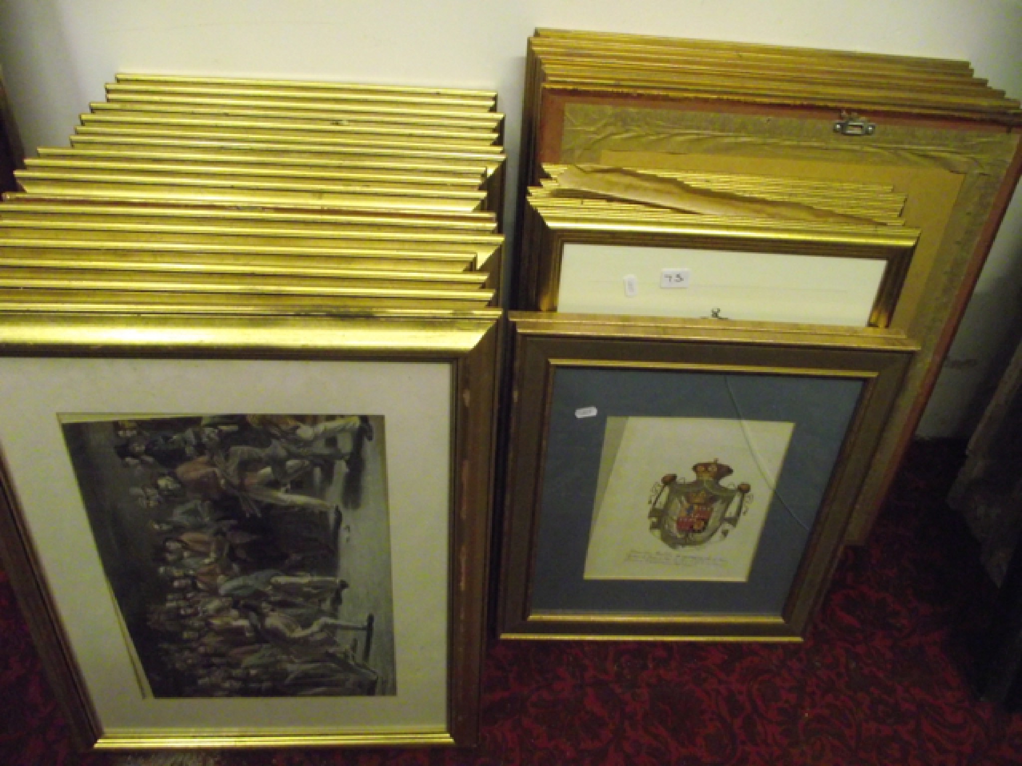 Appraisal: contemporary reproduction coloured prints of varying scenes to include armorial