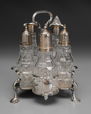 Appraisal: English Silver Cruet Set London cinquefoil base four shell feet