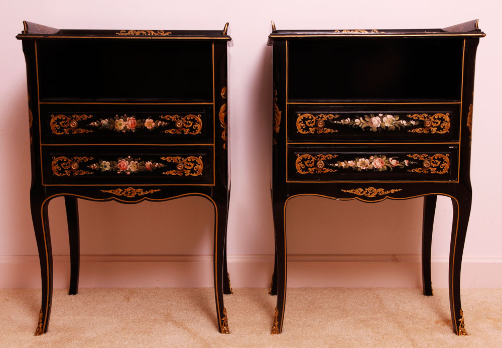 Appraisal: - Pair of Black Lacquer Side Tables and Lamps Pair