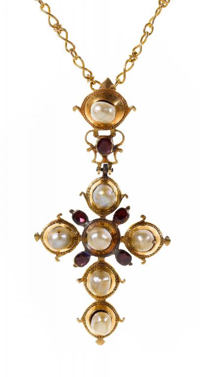 Appraisal: A CONTINENTAL GOLD GARNET AND PEARL PECTORAL CROSS on gold