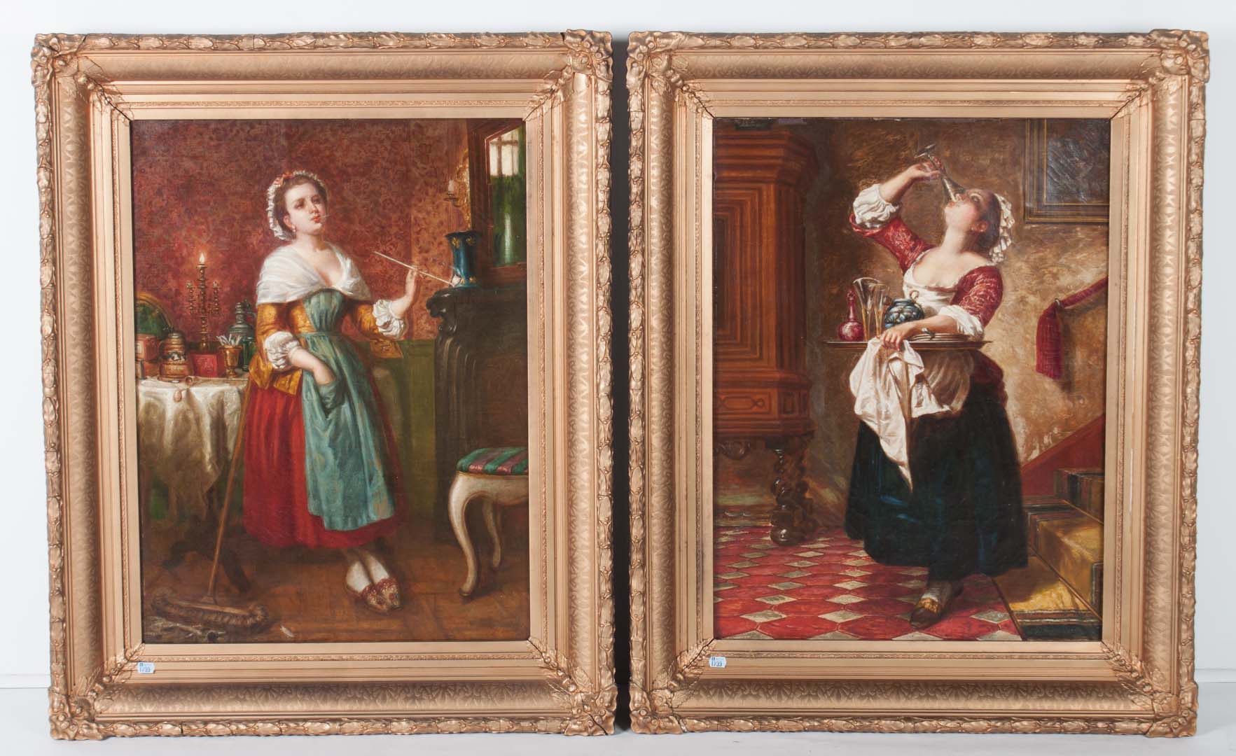 Appraisal: P Rosenberg Recalcitrant Maids pair of oils Continental late th