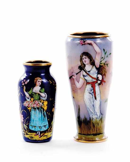 Appraisal: French pictorial enamelwork miniature vases late th century one depicting