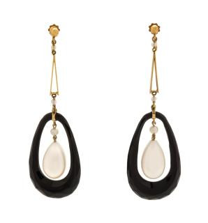 Appraisal: A Pair of Yellow Gold Onyx and Cultured Pearl Earrings