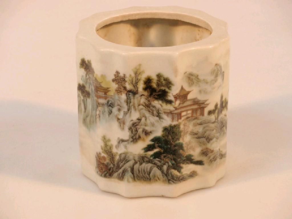 Appraisal: A Chinese porcelain brush pot with lobed cylindrical body hand