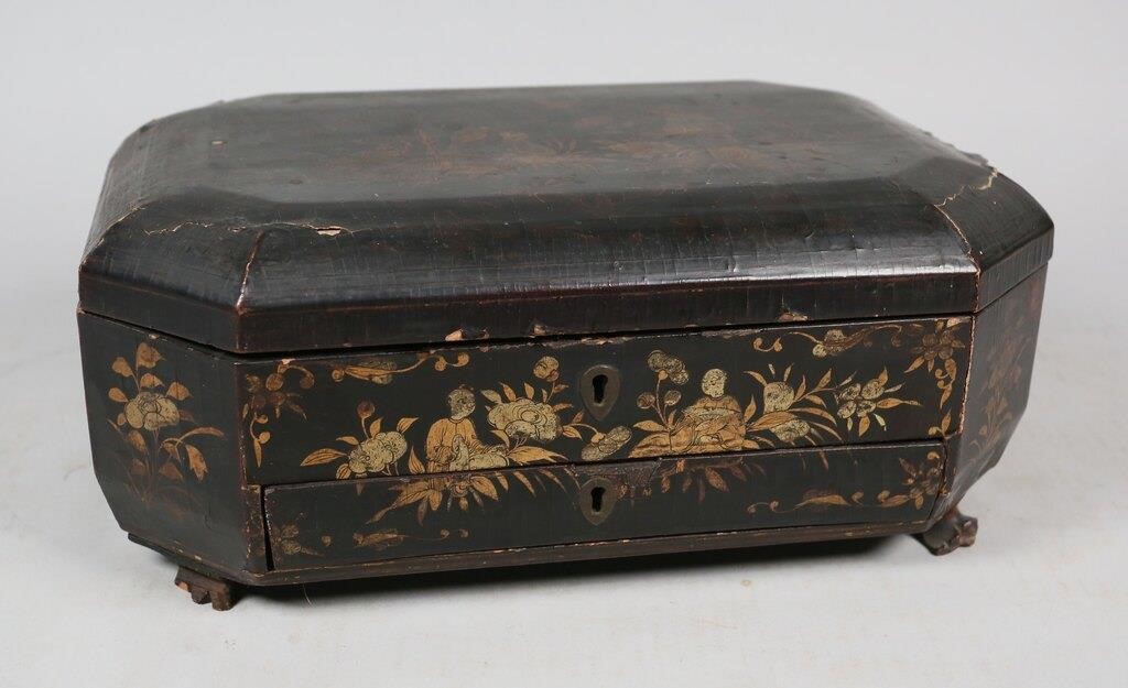 Appraisal: Chinese export lacquer sewing box Fitted drawer with compartments Claw