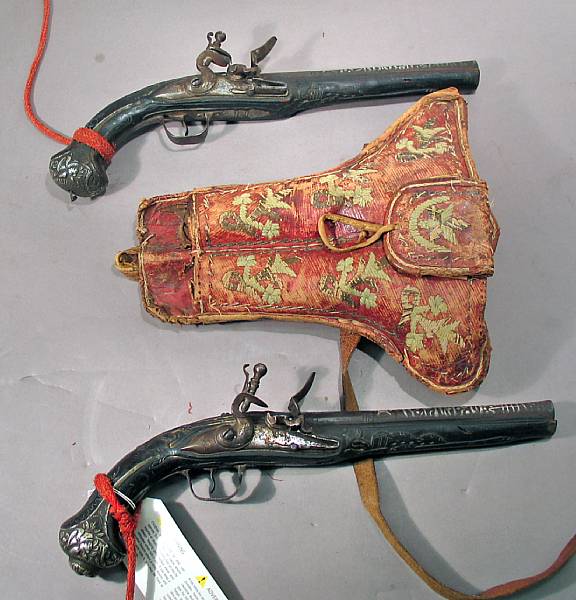 Appraisal: A pair of Turkish flintlock pistols with period holsterearly th