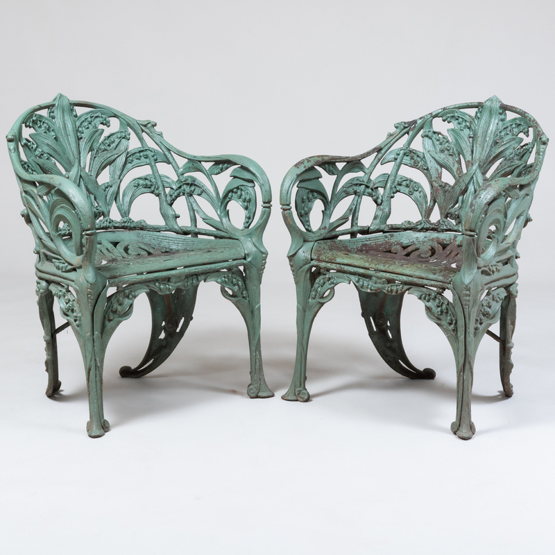 Appraisal: Pair of Victorian Green-Painted Wrought-Iron Garden Armchairs The back and