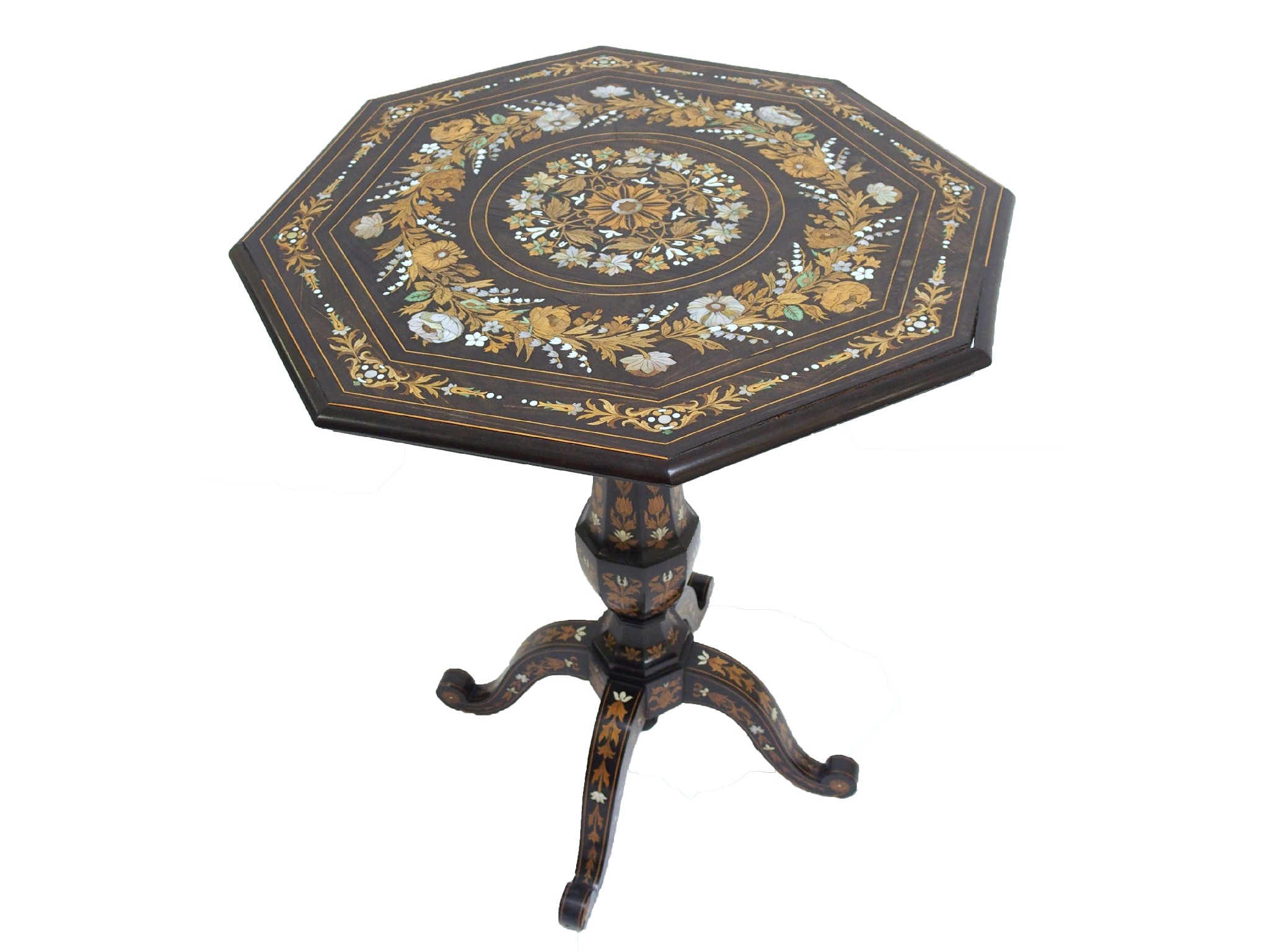 Appraisal: A Continental rosewood and marquetry inlaid octagonal tilt top occasional