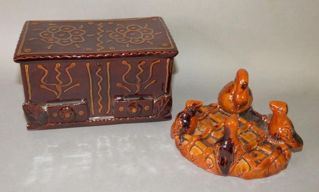 Appraisal: FOLK ART REDWARE PIECES BY BREININGER POTTERYca hand molded birds