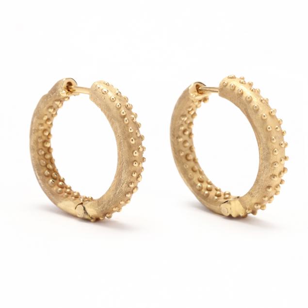 Appraisal: PAIR OF GOLD HOOP EARRINGS The round hinged hoops with