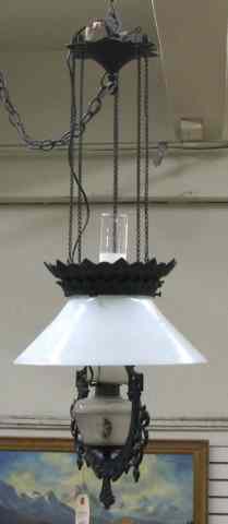 Appraisal: VICTORIAN HANGING CAST IRON KEROSENE LIGHT FIXTURE American c adjustable