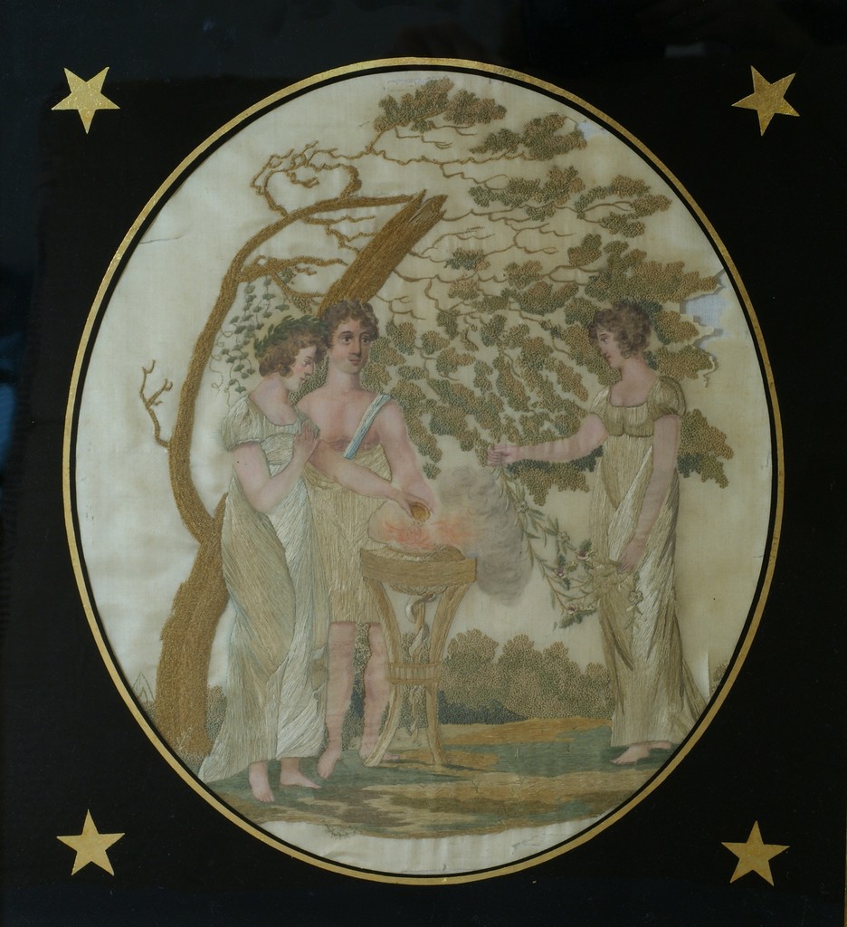 Appraisal: Silk embroidered panel depicting young women and a youth splits