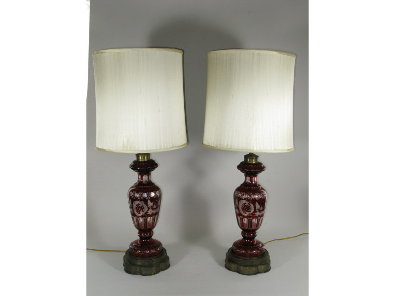 Appraisal: Pair of Ruby Glass Table Lamps early th c vasiform